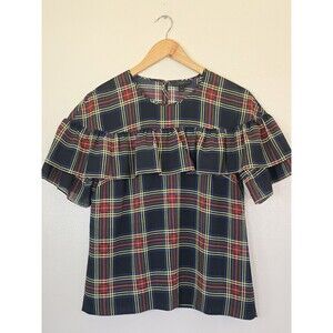 J. Crew Plaid Ruffle Blouse - Red, Yellow, Blue